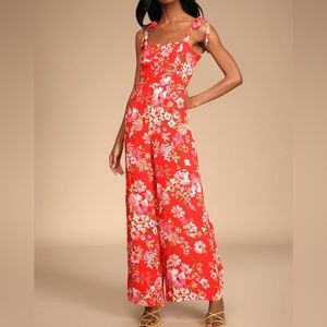 Red Floral Print Tie-Strap Jumpsuit